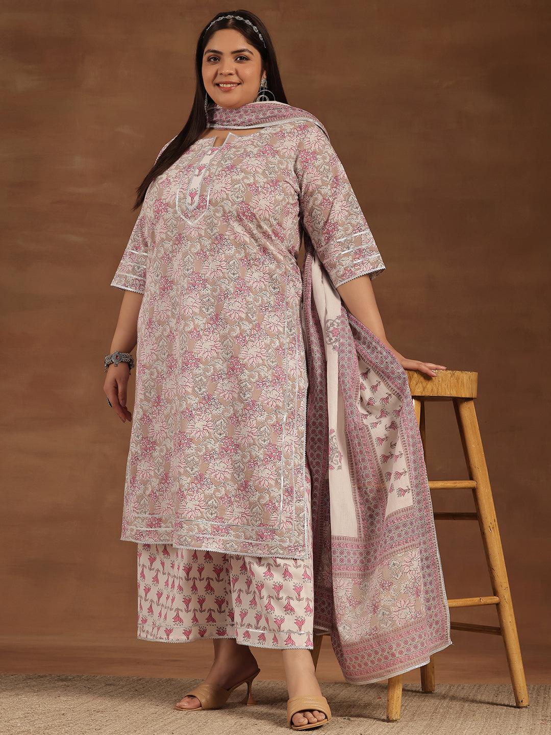 Plus Size Pink Printed Cotton Straight Suit With Dupatta - Jashvi