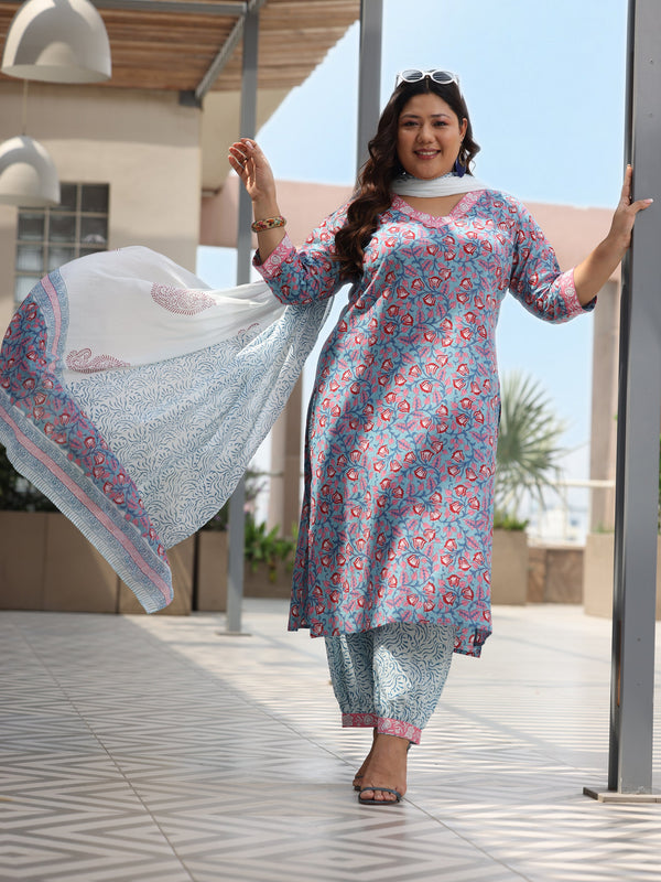 Plus Size Blue Printed Cotton Straight Suit With Dupatta