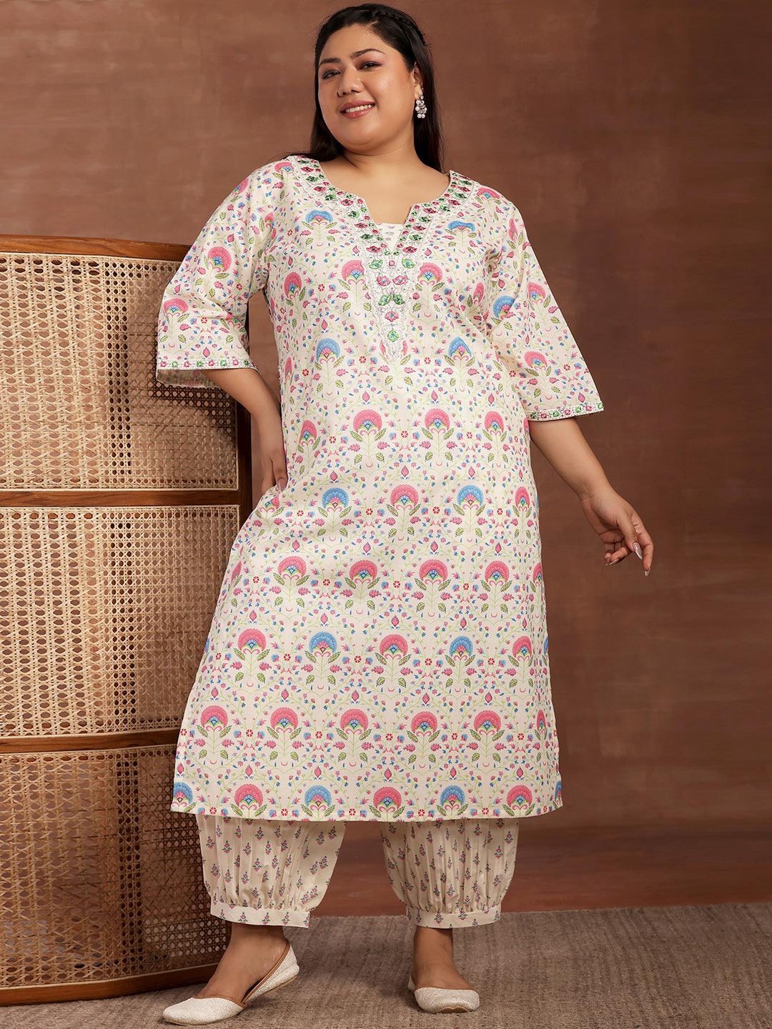 Plus Size Off White Printed Cotton Straight Kurta With Salwar - Jashvi