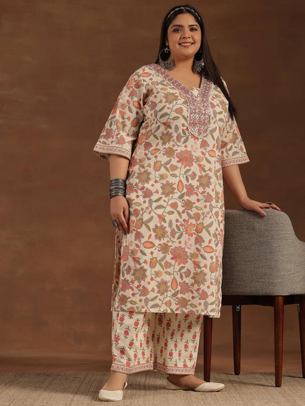 Plus Size Off White Printed Cotton Straight Kurta Set - Jashvi