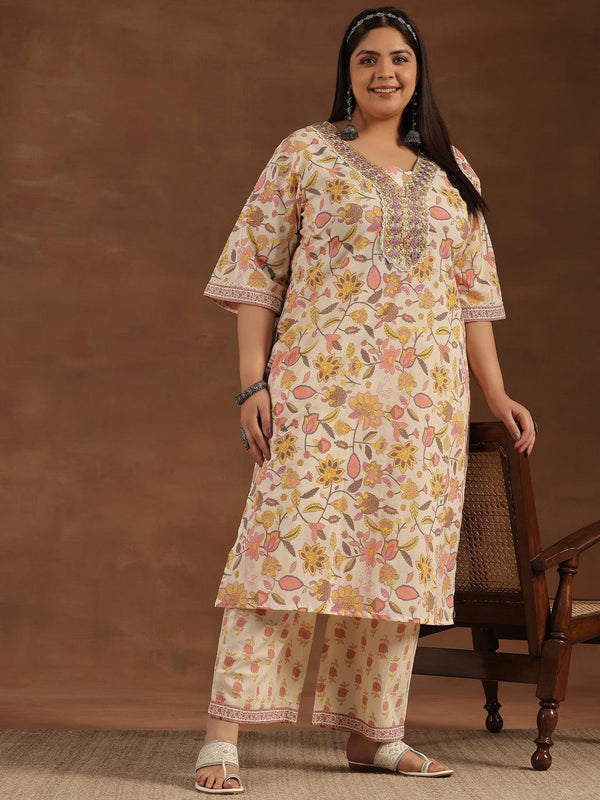 Plus Size Off White Printed Cotton Straight Kurta Set - Jashvi