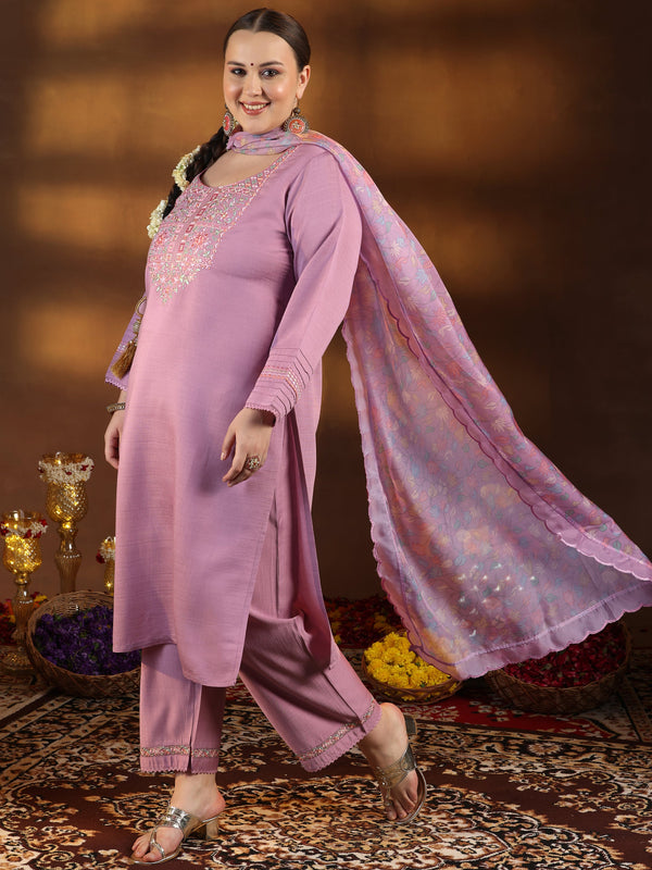 Plus Size Lavender Yoke Design Silk Blend Straight Suit With Dupatta