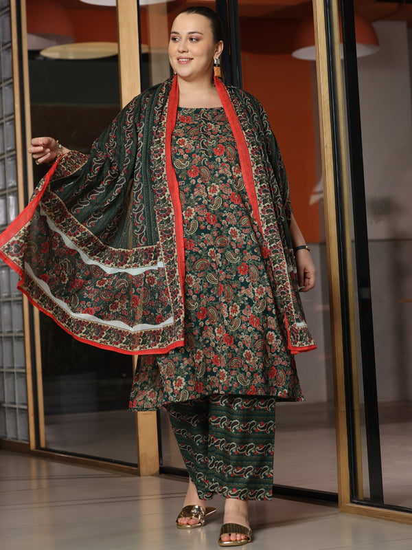 Plus Size Green Printed Cotton Straight Suit With Dupatta