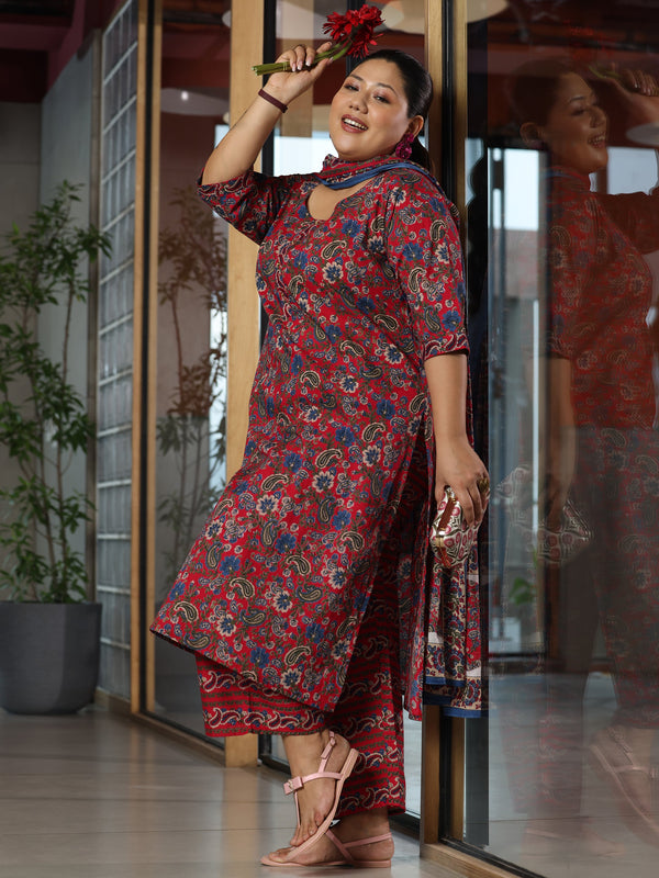 Plus Size Red Printed Cotton Straight Suit With Dupatta