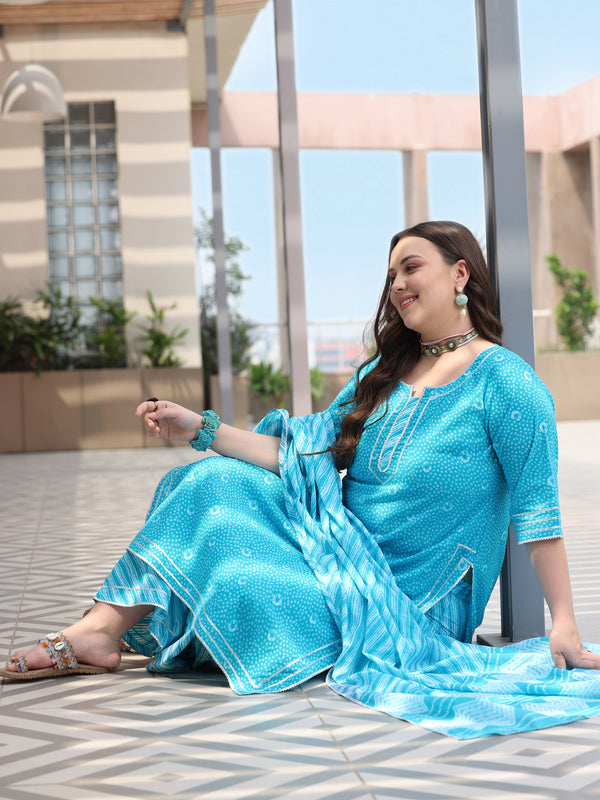 Plus Size Blue Printed Cotton Straight Suit With Dupatta