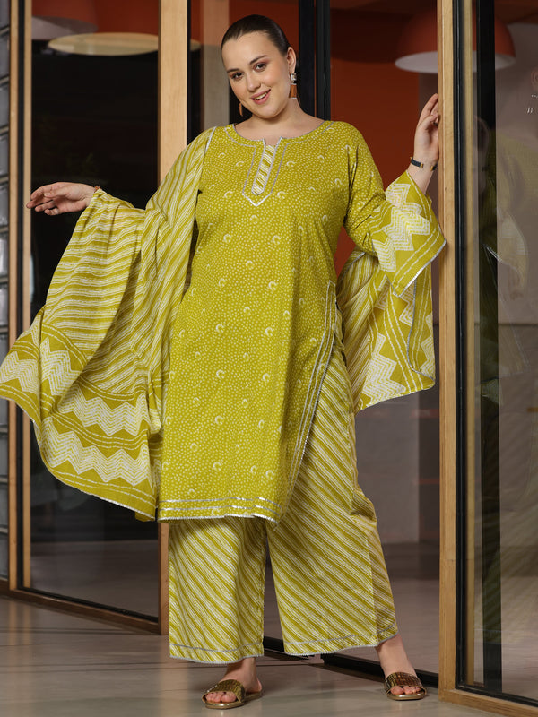 Plus Size Olive Printed Cotton Straight Suit With Dupatta