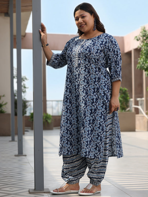 Plus Size Blue Printed Cotton Straight Suit With Dupatta