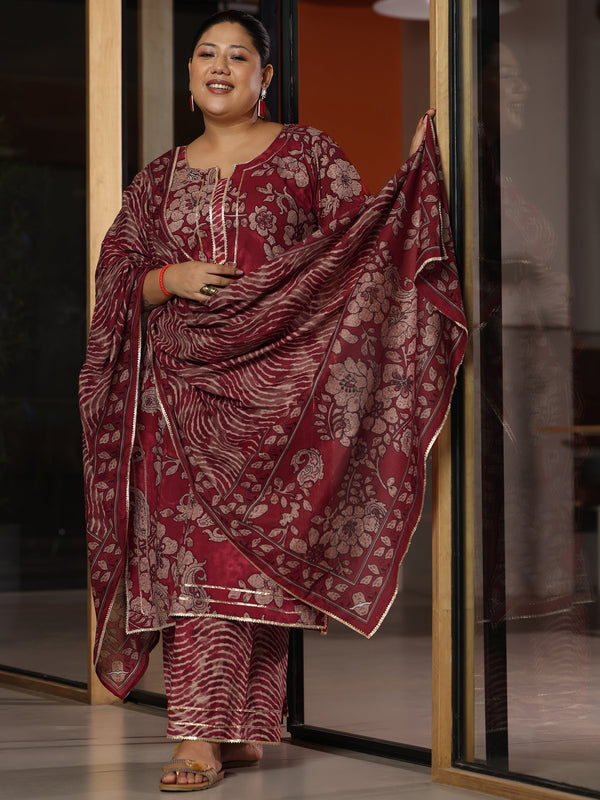 Plus Size Rust Printed Cotton Straight Suit With Dupatta