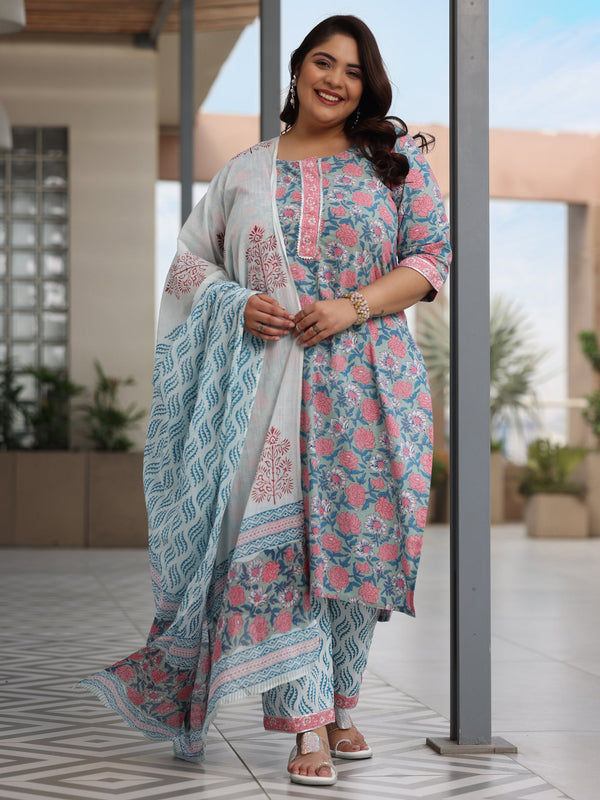 Plus Size Blue Printed Cotton Straight Suit With Dupatta