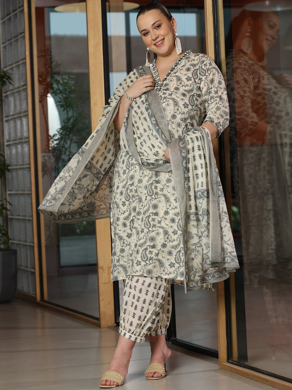 Plus Size Grey Printed Cotton Straight Suit With Dupatta