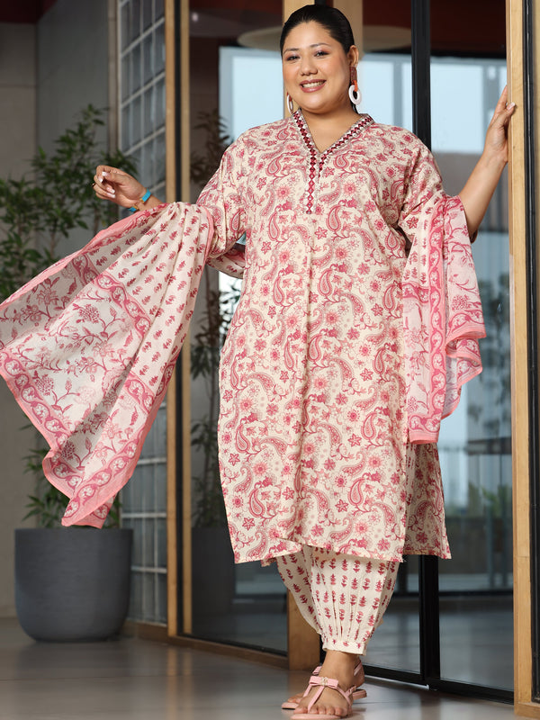 Plus Size Pink Printed Cotton Straight Suit With Dupatta