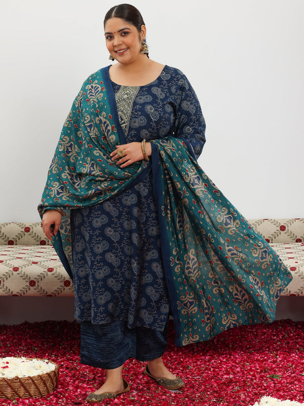 Plus Size Blue Printed Silk Blend Straight Suit With Dupatta