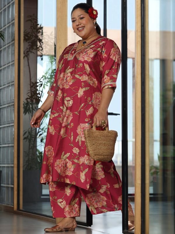 Plus Size Red Printed Silk Blend Straight Kurta Set