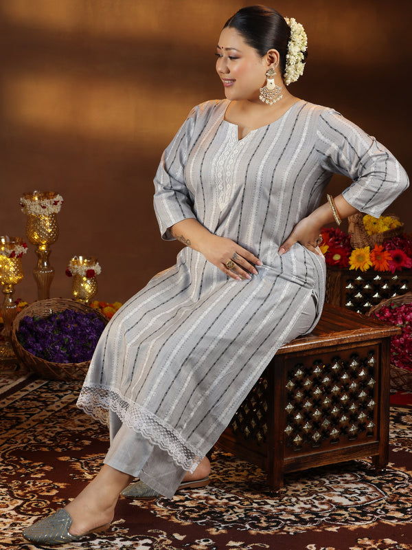 Plus Size Grey Self Design Cotton Blend Straight Kurta Set