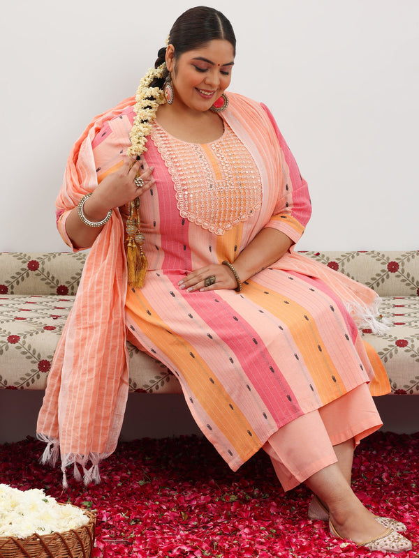 Plus Size Peach Self Design Cotton Blend Straight Suit With Dupatta