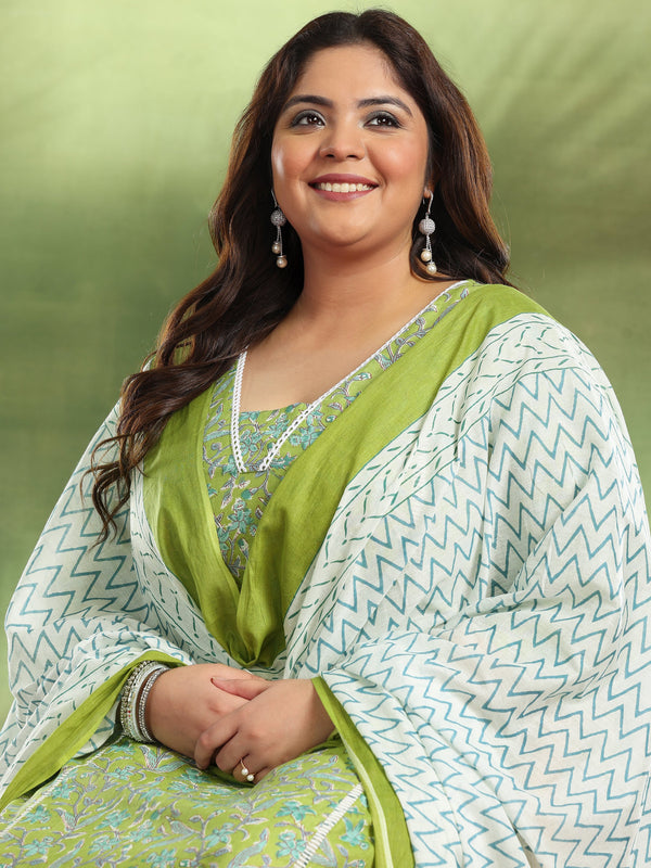 Plus Size Green Printed Cotton Straight Suit With Dupatta