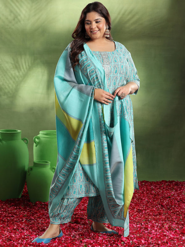 Plus Size Blue Printed Silk Blend Straight Suit With Dupatta