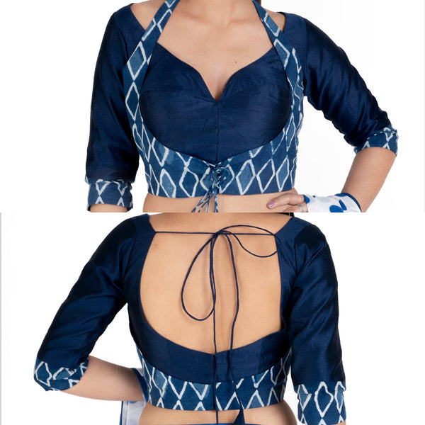 Women's Navy Blue Rawsilk Padded Blouse With Bagru Halter Design And Front Dori - Boveee