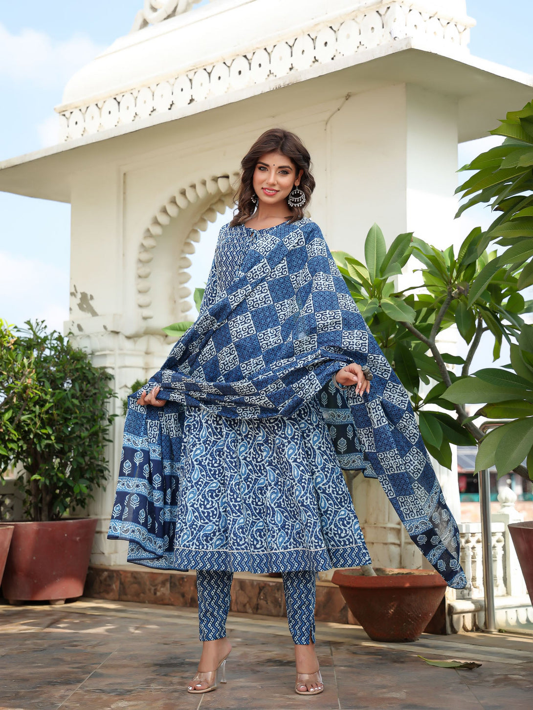 Women's Blue Ethnic Motifs Pure Cotton Kurta With Trousers & Dupatta - Yufta