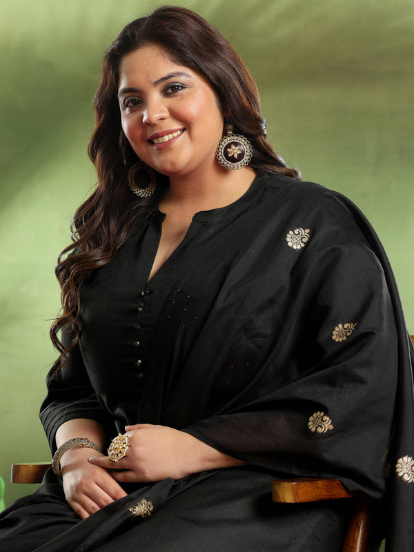 Plus Size Black Solid Cotton Blend Straight Suit With Dupatta