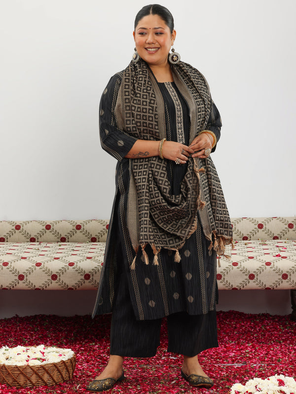 Plus Size Black Woven Design Cotton Blend Straight Suit With Dupatta