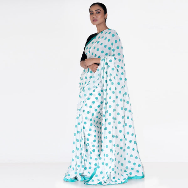 Women's Green Polka Dot Boby Print Chiffon Saree With Green Satin Border - Boveee