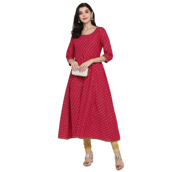 Women's Red Cotton Printed Anarkali Kurti With Block Print (1 Pc) - Noz2Toz