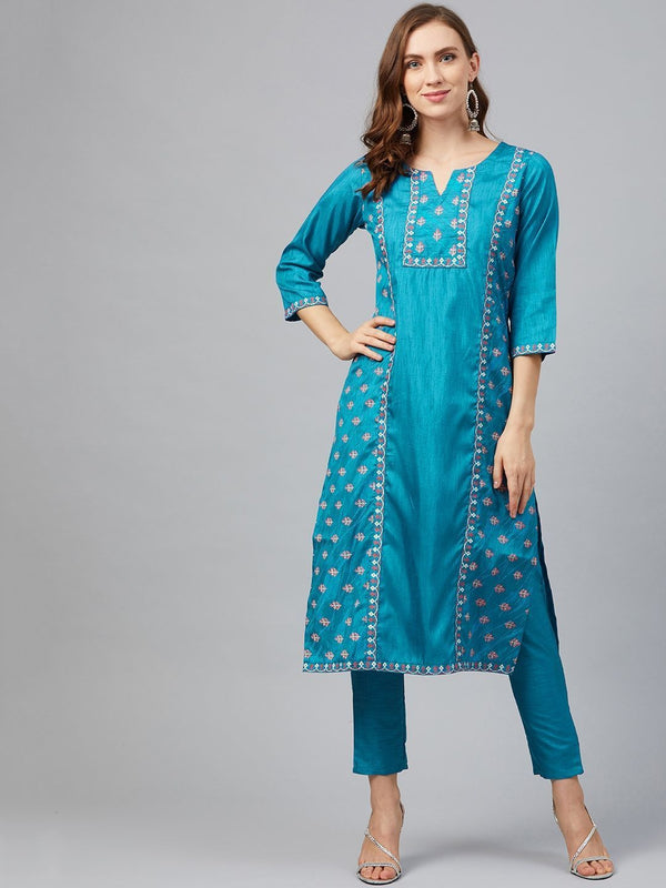 Women's Blue Colour Straight Art Silk Kurta - Ziyaa