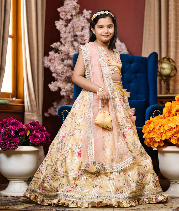 Girl's Yellow Kotta Printed Lehenga Choli And Dupatta - Fayon Kids