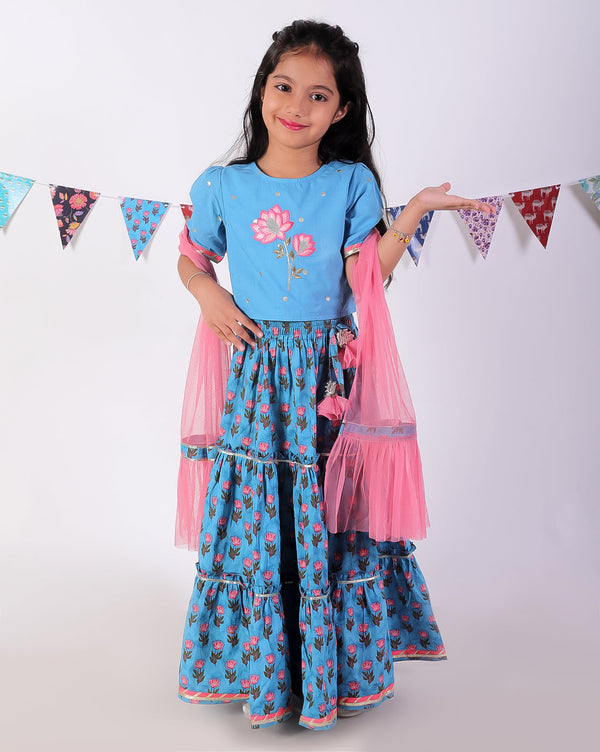 Girl's Blue Cotton Jaipuri Print Lehanga Choli With Dupata Set - Lil Drama