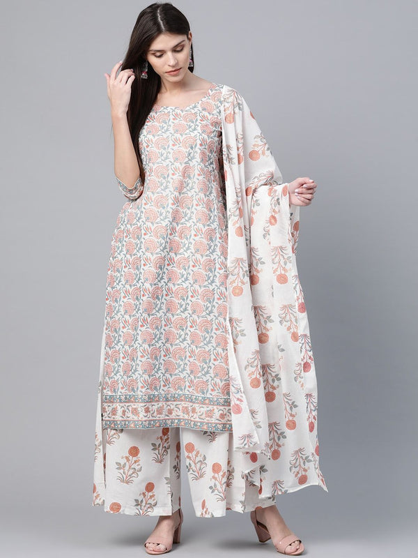 Women's  White & Pink Floral Foil Print Kurta with Palazzos & Dupatta - AKS