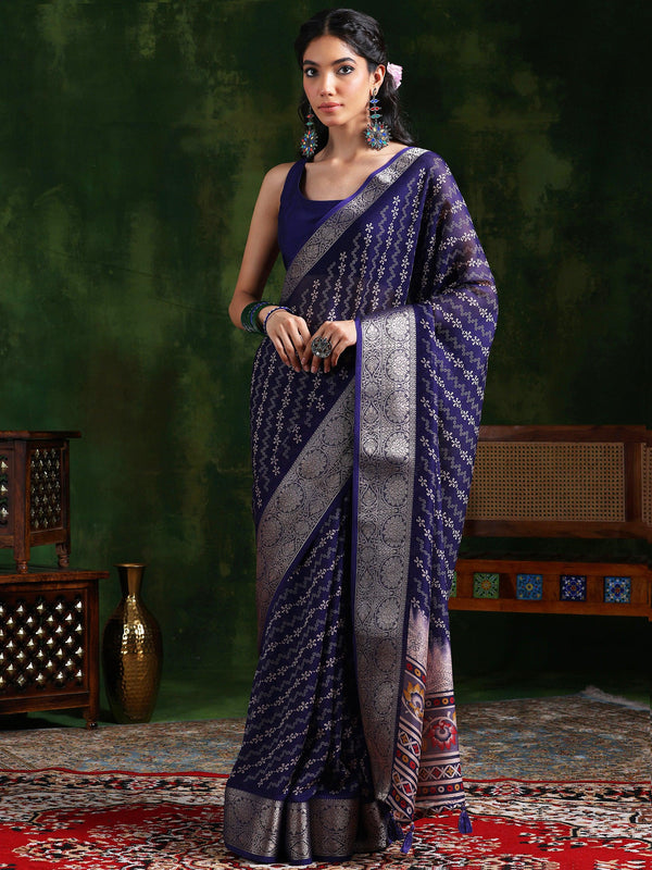 Purple Printed Silk Blend Saree With Unstitched Blouse Piece