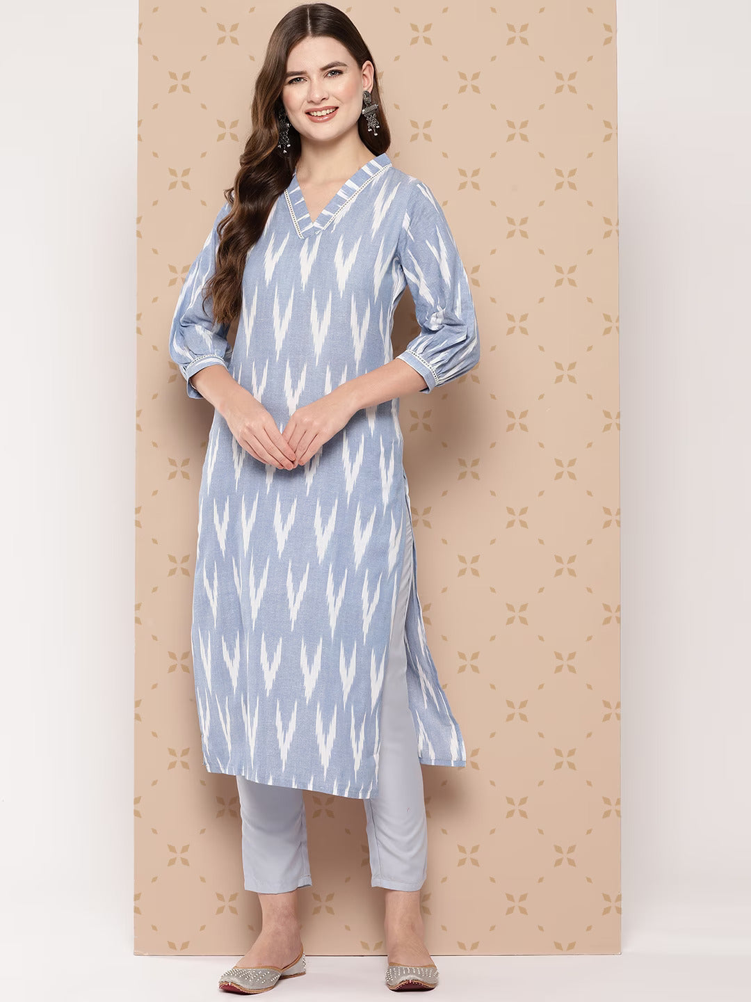 Women's Blue Pure Cotton Ikat Print Kurta - Yufta