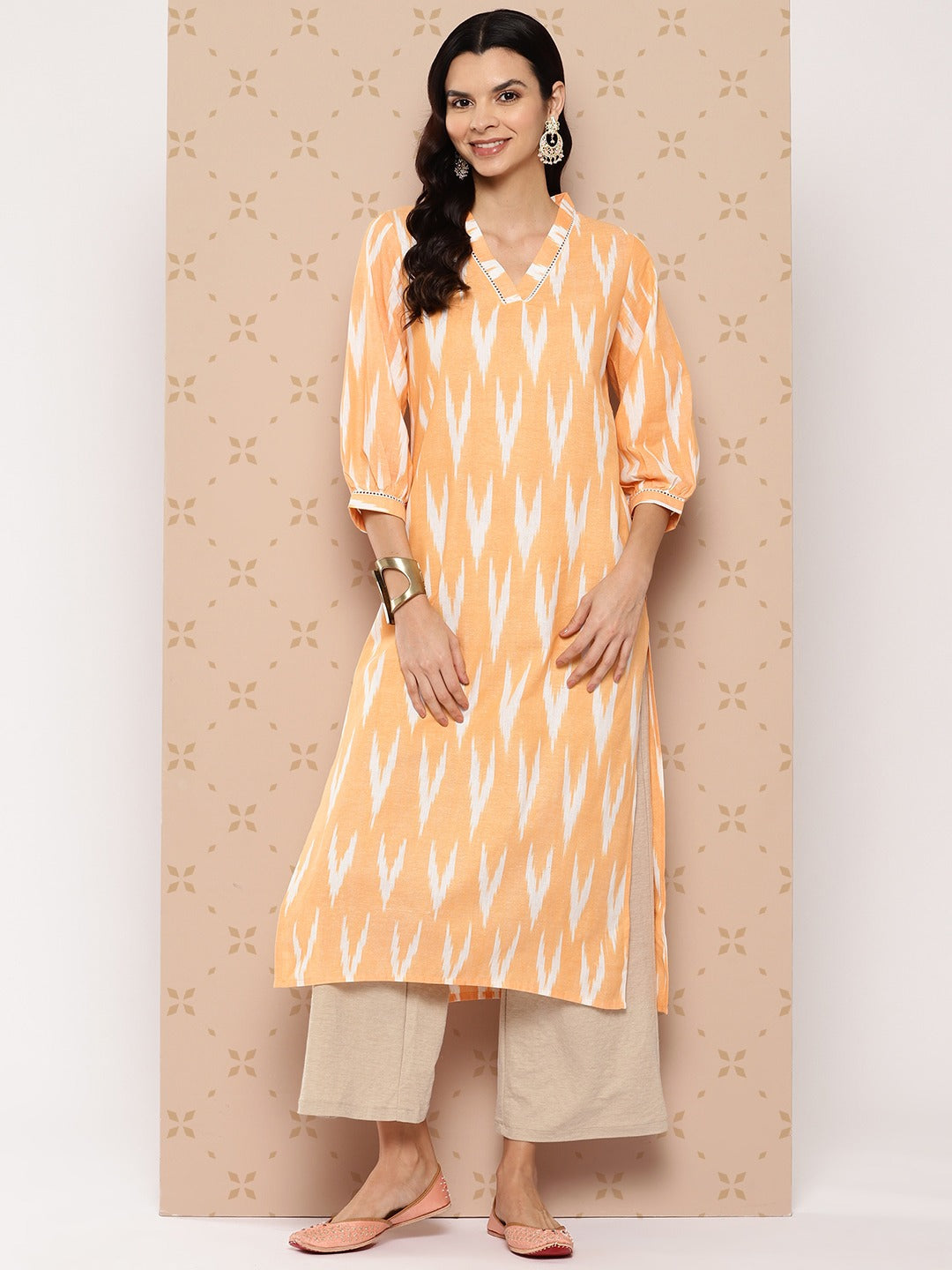 Women's Orange Pure Cotton Ikat Print Kurta - Yufta