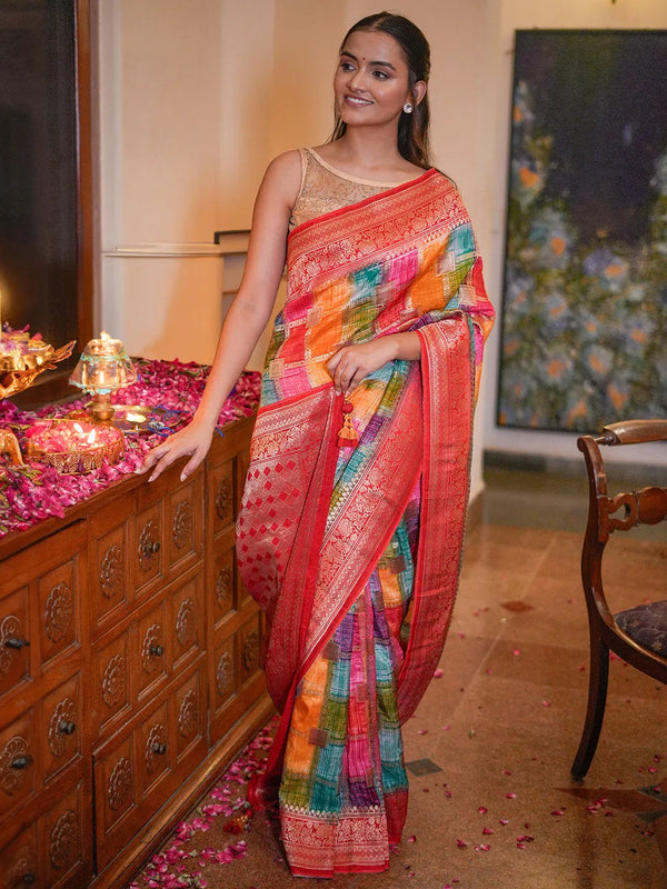 Jashvi Multicoloured Woven Design Satin Saree With Unstitched  Blouse Piece