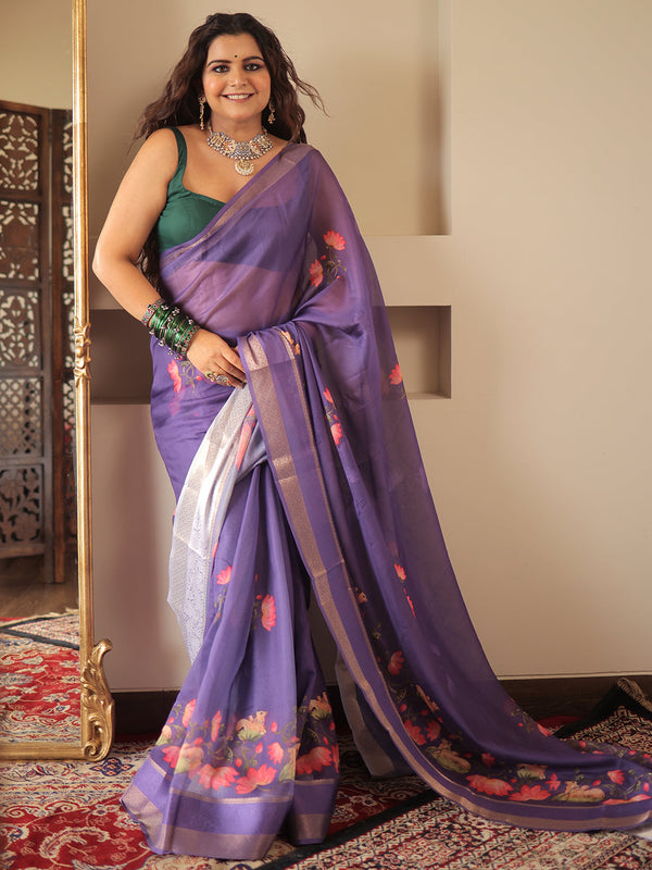 Purple Printed Silk Blend Saree With Unstitched Blouse Piece