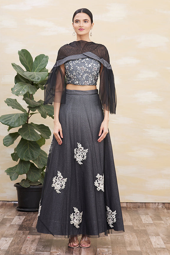 Grey and Black Net Embroidered Stitched Lehenga Choli without Dupatta