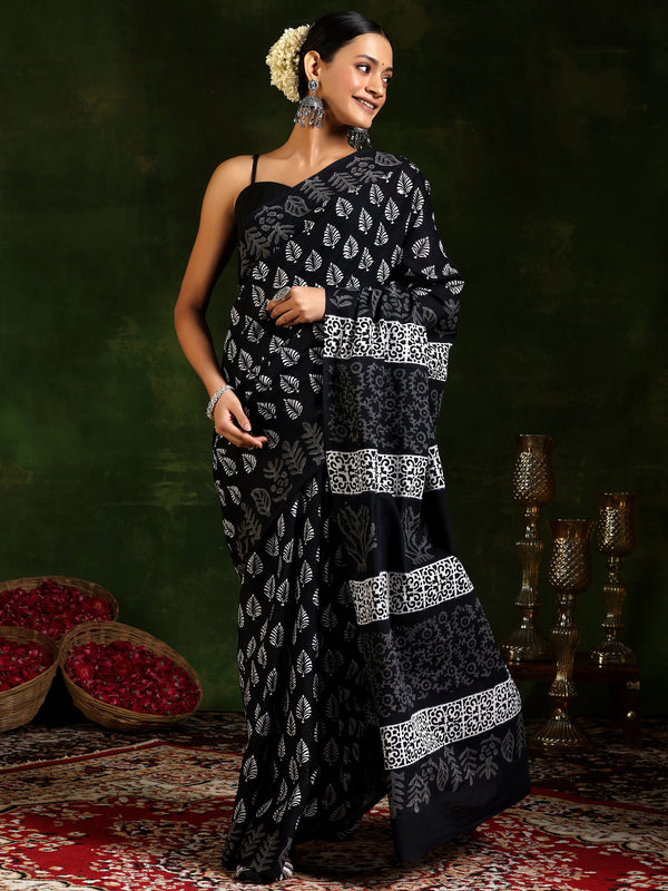 Black Printed Cotton Saree With Unstitched Blouse Piece