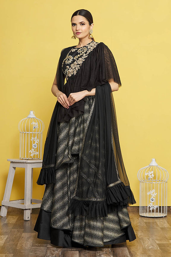 Black Taffeta Silk Embroidered Stitched Lehenga Choli with Dupatta