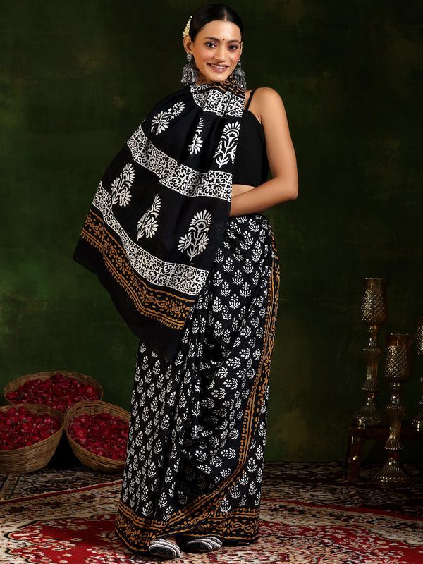 Black Printed Cotton Saree With Unstitched Blouse Piece