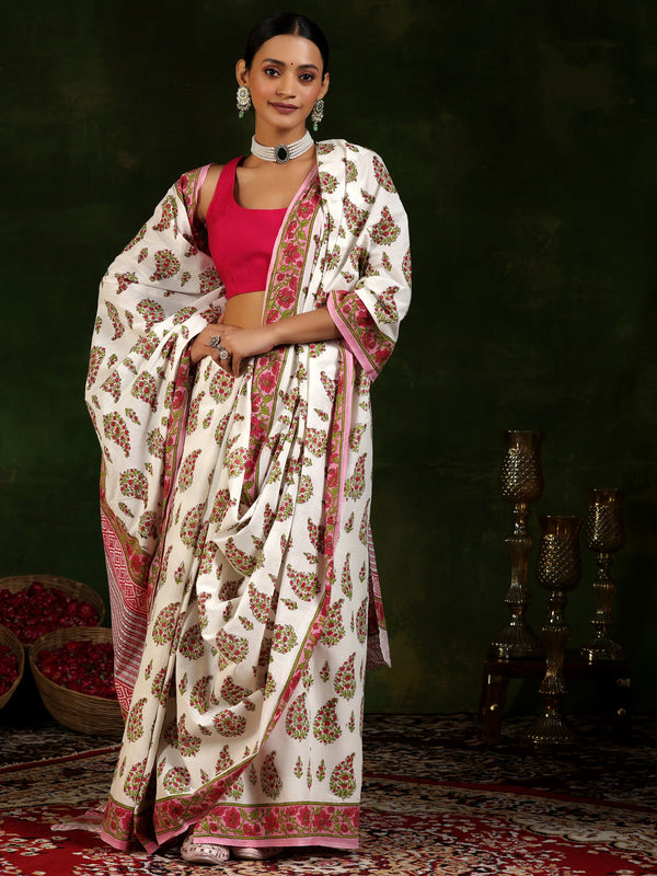 Off White Printed Cotton Saree With Unstitched Blouse Piece