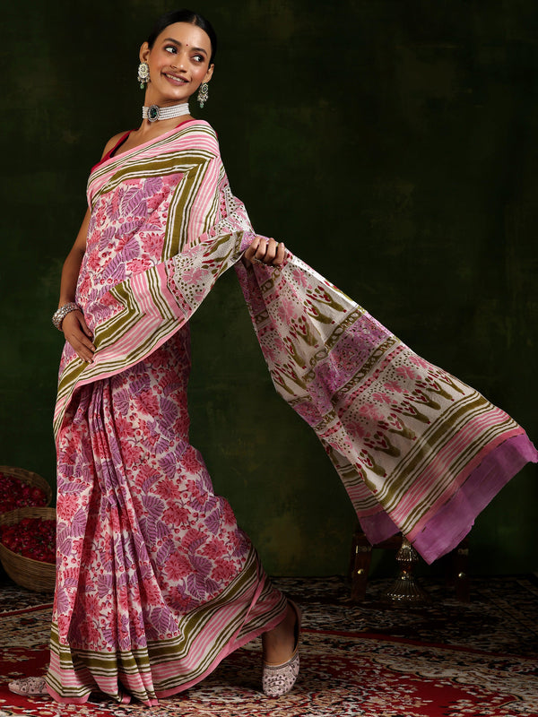 Off White Printed Cotton Saree With Unstitched Blouse Piece