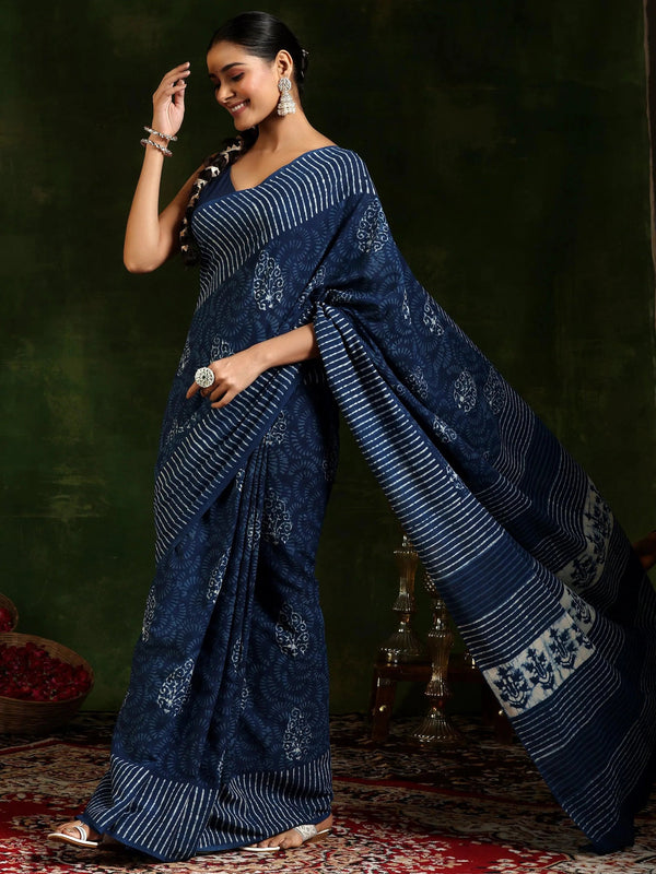 Indigo Printed Cotton Saree With Unstitched Blouse Piece