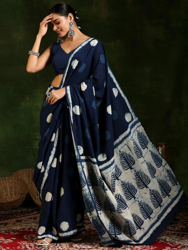 Indigo Printed Cotton Saree With Unstitched Blouse Piece