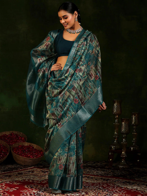 Green Printed Silk Blend Saree With Unstitched Blouse Piece