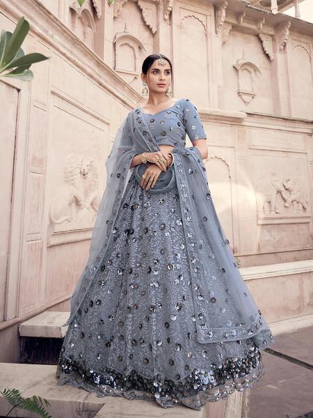 Women's  Gery Soft Net Heavy Embroidered Lehenga - Myracouture