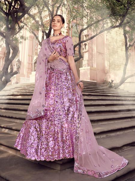 Women's  Lilac Soft Net Heavy Embroidered Lehenga - Myracouture