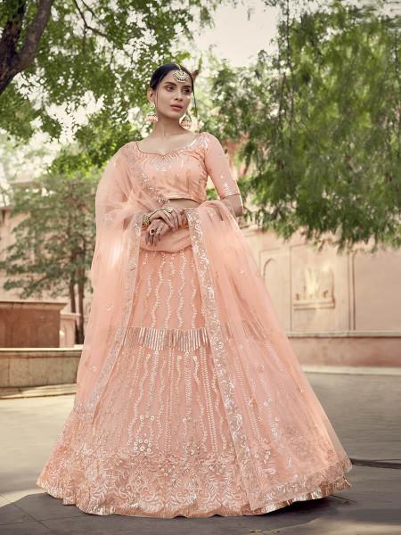 Women's  Peach Soft Net Heavy Embroidered Lehenga - Myracouture