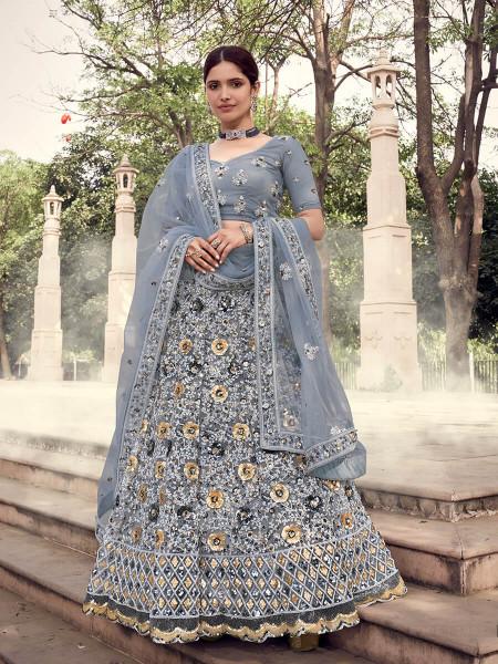 Women's  Grey Soft Net Heavy Embroidered Lehenga - Myracouture