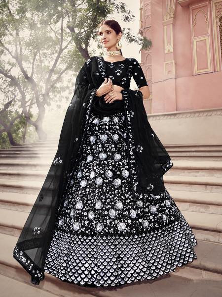 Women's  Black Soft Net Heavy Embroidered Lehenga - Myracouture